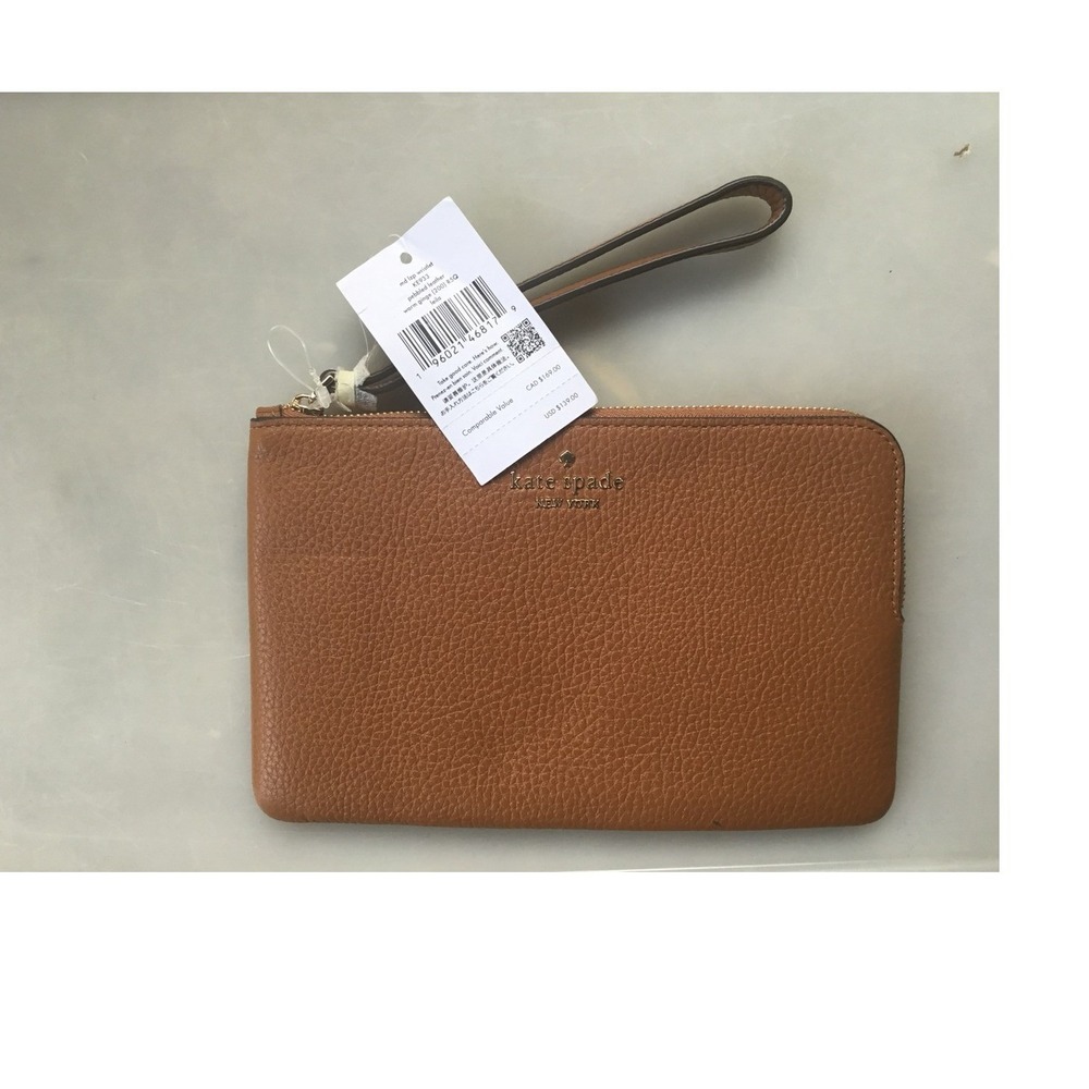 Kate Spade Tan Pebbled Leather Wristlet Detachable Strap Zip Closure New